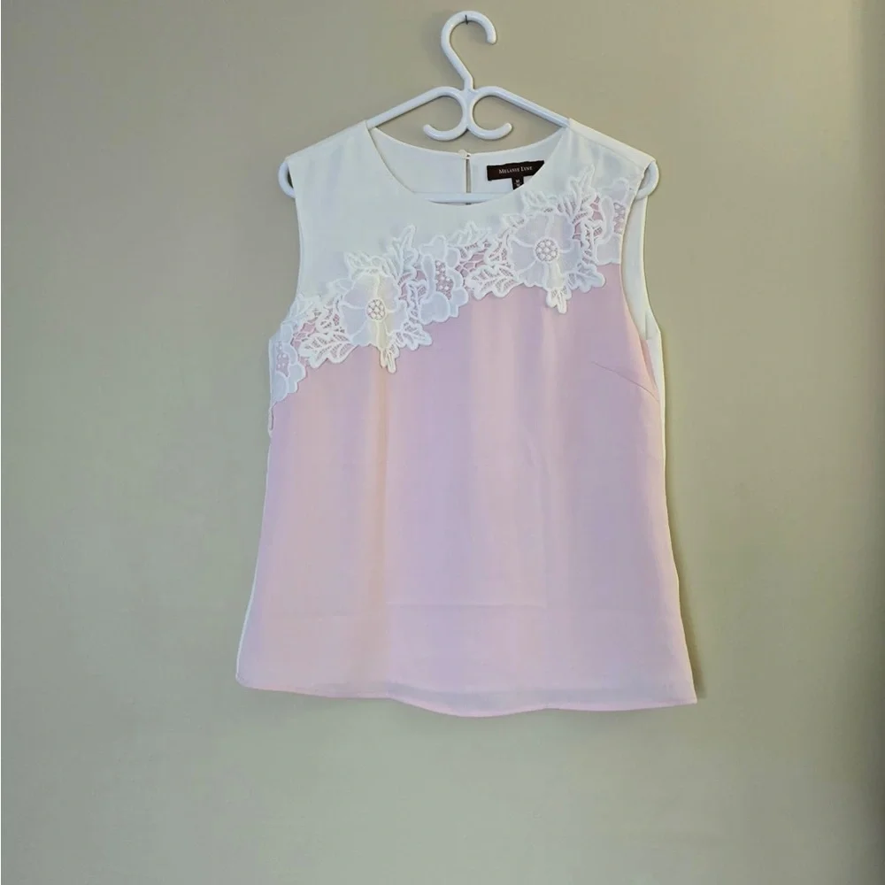 MELANIE LYNE Pink & White Floral Embroidered Lace Sleeveless Blouse - Size M - Picture 2 of 9